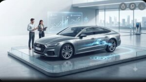 Современная иллюстрация автомобиля Audi в футуристическом стиле для статьи об оценке гибридных технологий 2026 года