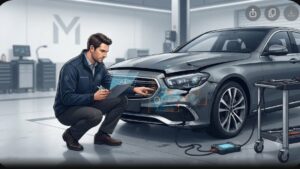 Современная иллюстрация поврежденного автомобиля Mercedes-Benz для статьи об оценке ущерба после ДТП в 2026 году
