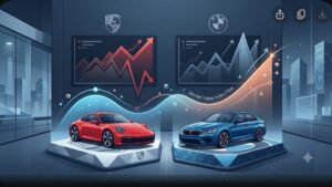 Современная иллюстрация премиальных автомобилей Porsche и BMW для статьи об оценке стоимости и ликвидности